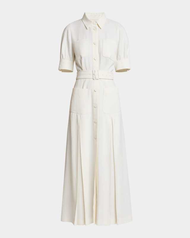 Pinstriped Cady Short-Sleeve Belted Midi Shirtdress